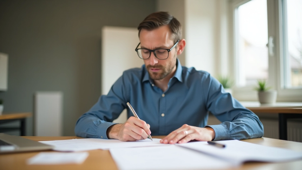 Arbeitnehmer studiert Sparoptionen für Bausparvertrag am Schreibtisch