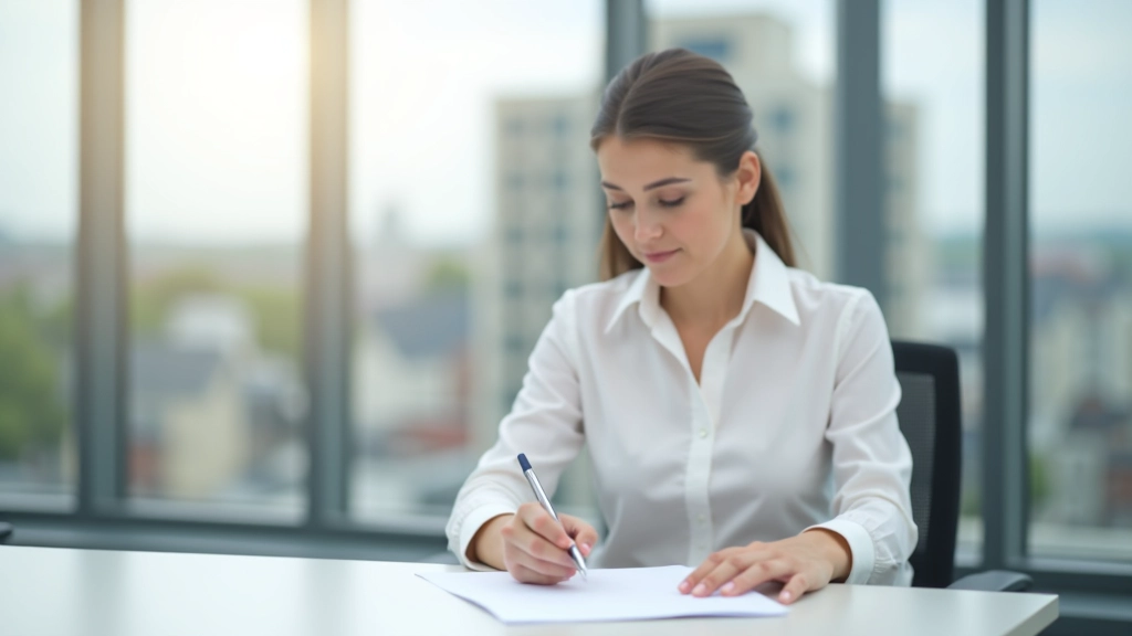 Geschäftsfrau unterzeichnet Arbeitsvertrag im modernen Büro mit Blick auf Stadt