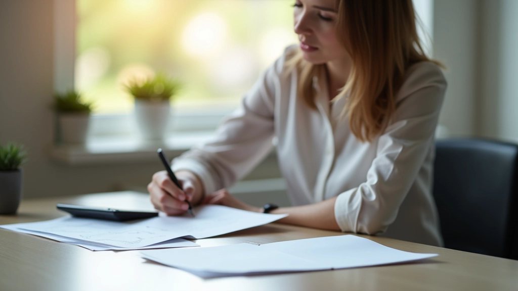 Finanzberaterin mit Dokumenten am Schreibtisch, Blick auf Bausparpapiere und Taschenrechner, professionelles Büro