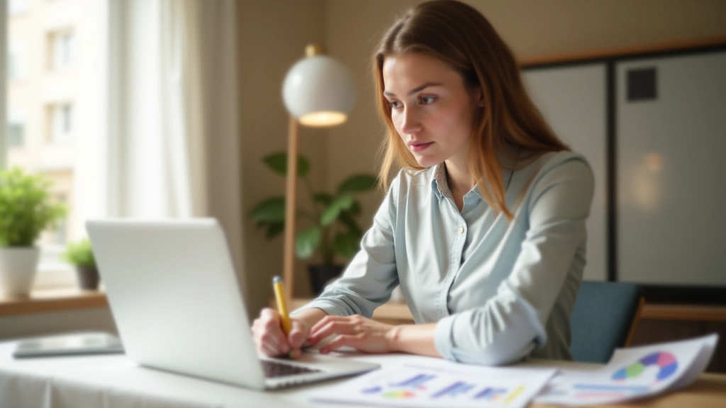Junge Frau mit Laptop, Finanzplanung, Notizen vor sich, helles Homeoffice, konzentriert