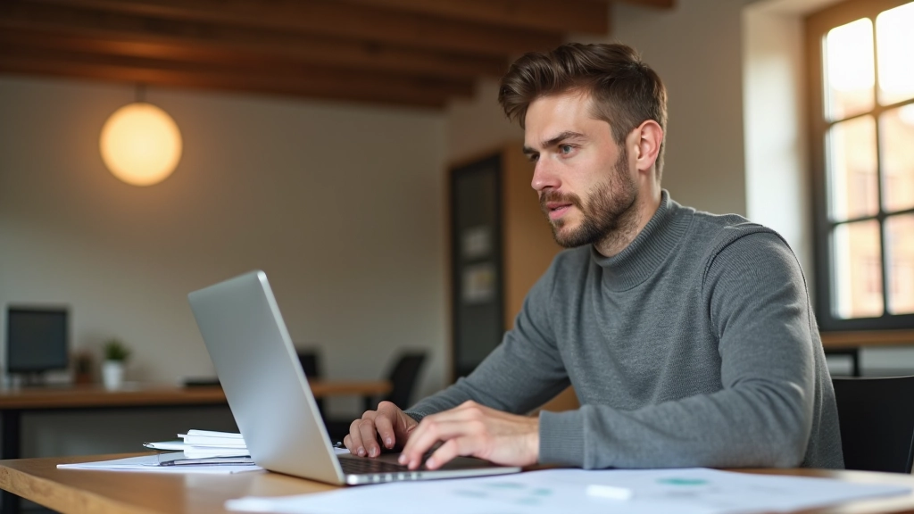 Junger Mann arbeitet am Laptop mit Dokumenten und Ordnern auf seinem Schreibtisch
