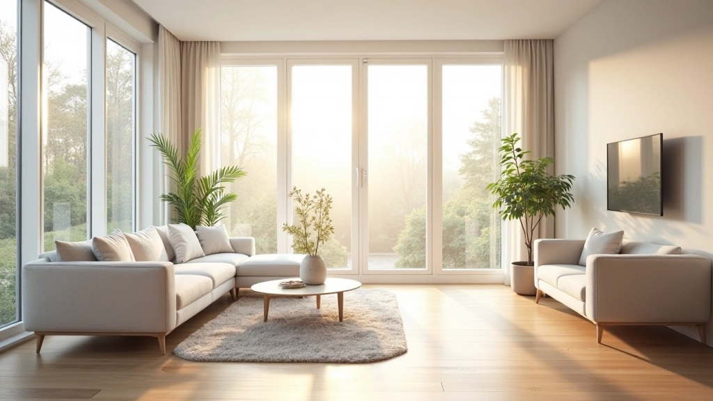 Modernes Wohnzimmer mit großem Fenster, helles Tageslicht, gemütliche Einrichtung, scharfer Fokus