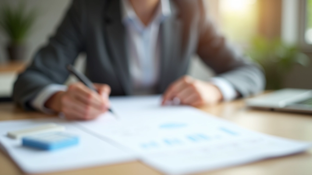 Person am Schreibtisch mit Sparplan und Finanzunterlagen, Taschenrechner und Notizblock, konzentriert bei der Finanzplanung