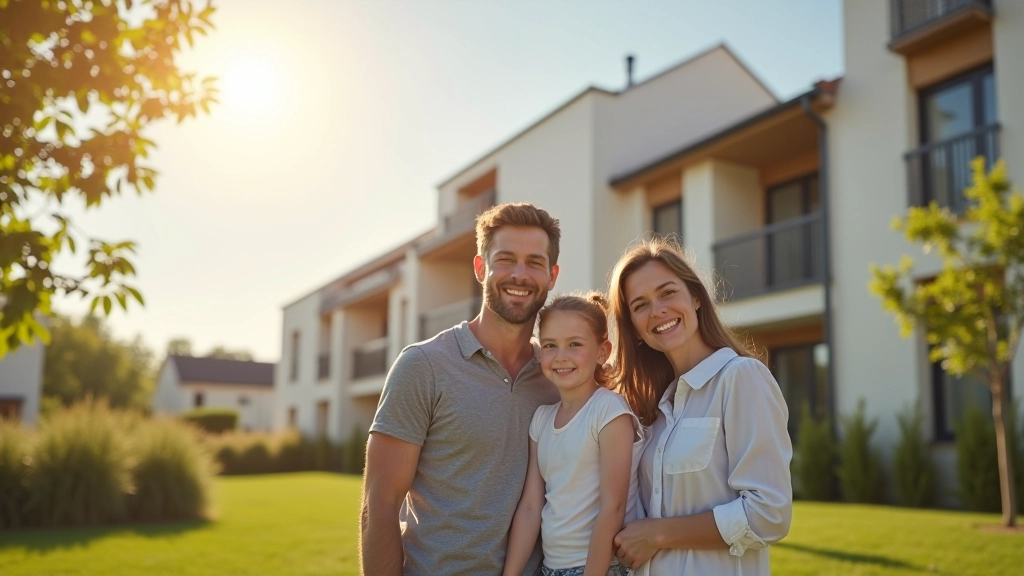 Glückliche Familie vor ihrem neuen Wohnungseigentum